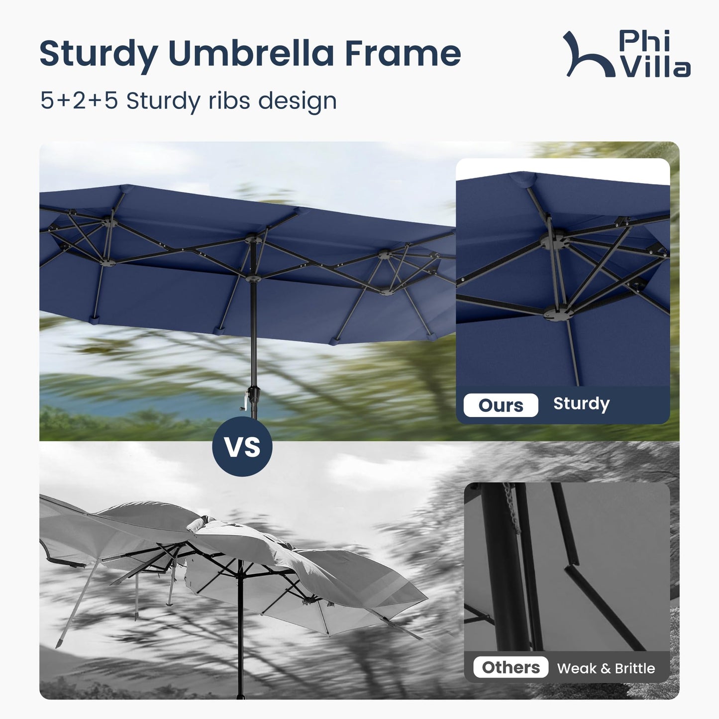 PHI VILLA 13ft Large Patio Umbrellas with Base Included, 2-Tier Double-Sided Outdoor Market Rectangle Umbrella for Outside, Blue