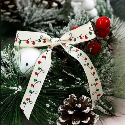 10 Yards Merry Christmas Cotton Ribbon, 5/8 Inch, Red Green White Merry Wrapping Ribbon for Craft Wreath Decor Bow Flower Bouquet (String Lights)