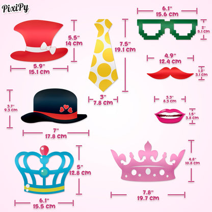 Photo Booth Props - 66 Piece Multicolor Kit - Fun Selfie Party Accessories - Mustaches, Hats, Lips & More - by PixiPy