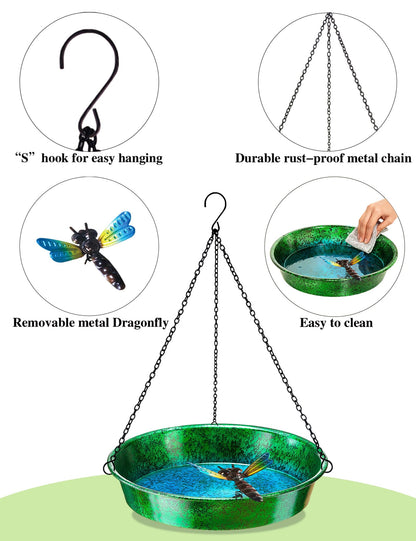Hanging Bird Bath for Outside, 11.5” Metallic Green & Blue Metal Birdbath Bowl & Feeder with Black Chain Outdoor Garden Yard Decor