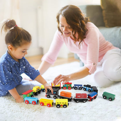 Wondertoys Wooden Train Set 16 PCS Train Toys Magnetic Set Includes Storage Bag - Wooden Track Accessories - Wooden Magnetic Car Set for Toddlers Kids Boys and Girls