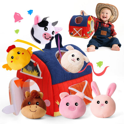 Baby Toys 6-12 Months, Surprise Barn with Stuffed Farm Animals 6Pcs, Rattle, Crinkle, Mirror, Montessori Sensory Toys for 1-3 Year Old Boys Girls, Ideal Gifts for Babies Toddlers Birthday Christmas
