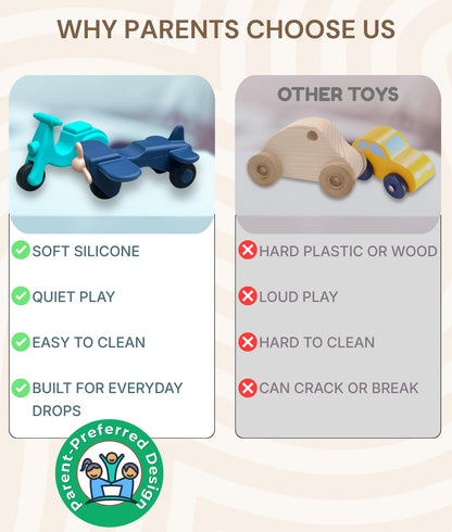 Silicone Toy Cars for Kids Ages 3+ – Soft, Safe Non-Toxic Silicone Cars with Smooth Rolling Wheels, Quiet Play, Push and Go Car Toys, Food Grade Silicone Toys, No Hole Bath Toy Mold Free, 5 Pack Set