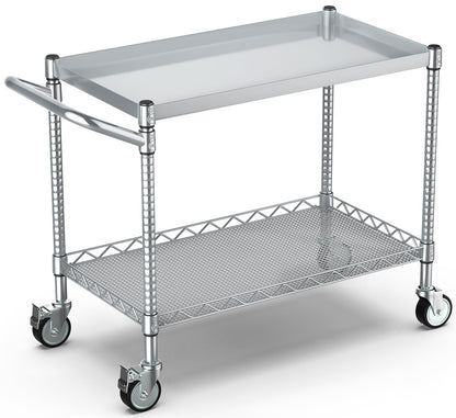 Leteuke 2 Tier Utility Tool Cart with Wheels, Heavy Duty Rolling Utility Carts with Handle, Commercial Grade Metal Serving Storage Cart for Warehouse Garage Kitchen, 25" D x 38.98" W x 40" H-Silver