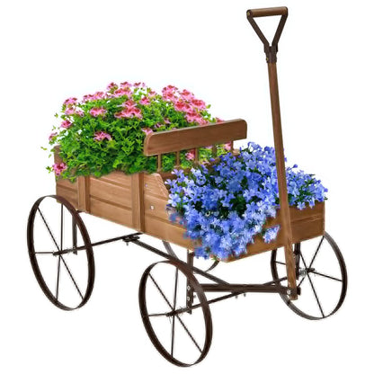 Goplus Wagon Planter, Decorative Wooden Garden Planter with Wheels, 2 Planting Sections and Adjustable Handle, Indoor Outdoor Backyard Balcony Decor (Brown)