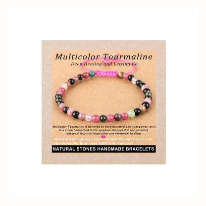 AD Beads 4mm Multicolor Tourmaline Bracelet - Deep healing - Handmade Natural Stone Crystal Bracelet with Adjustable Macrame String - Yoga Healing Power Energy Gifts for Men and Women