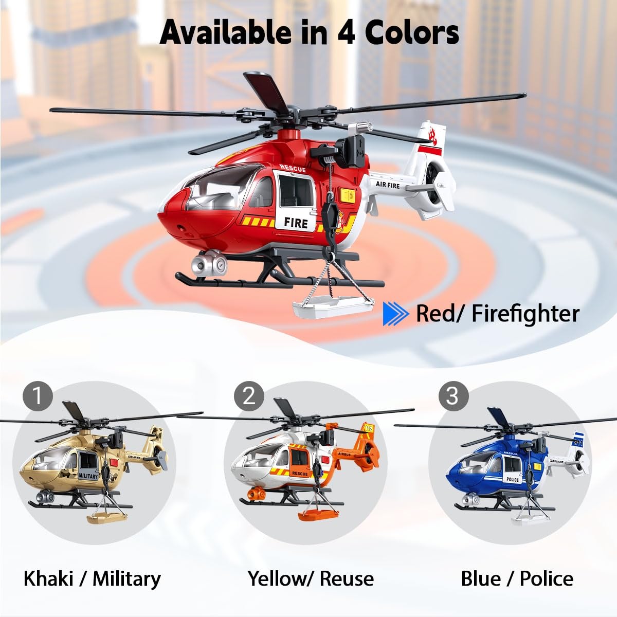Big Helicopter Toy for Kids Ages 3 4 5 6 7 - Police, Firefighter, EMS & Military Toy Choppers with Spinning Propellers, Hanging Basket, Lights & Sounds - Birthday Party Favors for Boys and Girls