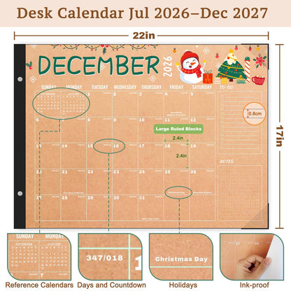 Desk Calendar 2026-2027, Large 22"x17", 18 Months from July 2026 to December 2027, Desktop Calendar with Plastic Cover and Colorful Stickers, Ideal for Home, Office, and School Planning, Doodle Kraft (July.2026-Dec.2027)