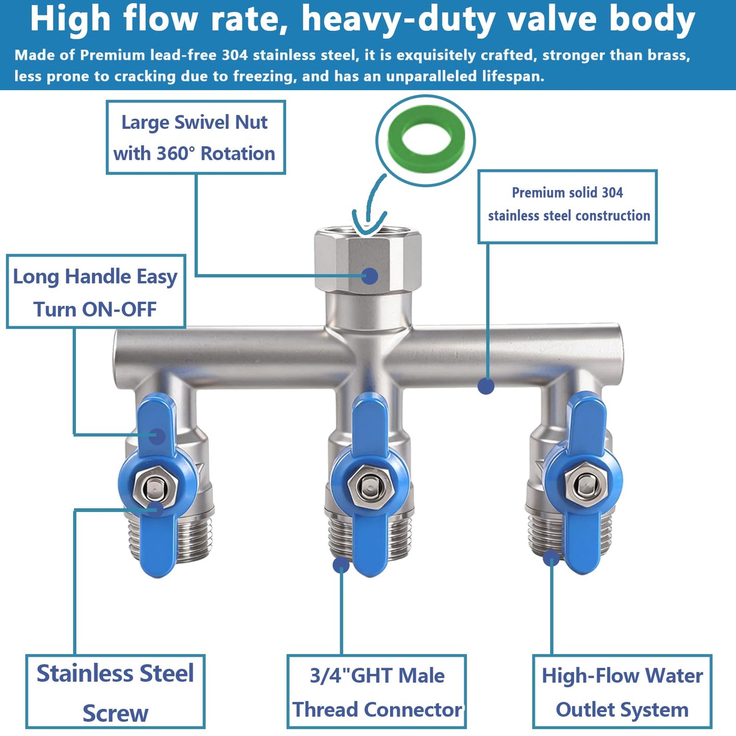 304 Stainless Steel Garden Hose Splitter 3 Way Heavy Duty, Full Flow T Valve Water Hose Splitter With 2.1" Extra Long Handle, Lead-free，3/4" GHT Thread Connector For Outdoor Spigot Faucet
