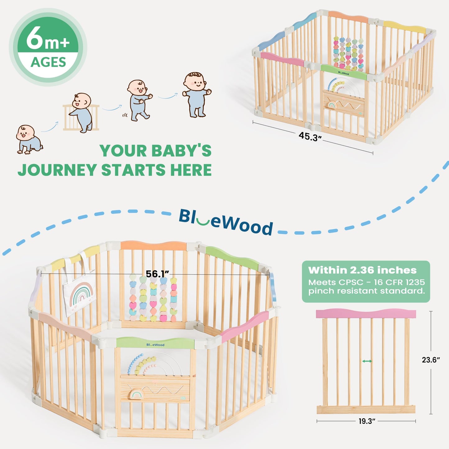 Foldable Wooden Baby Playpen - Adjustable Wood Play Yard, Indoor Large Safety Fence for Babies and Toddlers - Built-in Toys Design, 45 x 45 x 24 inches, Colorful Dream