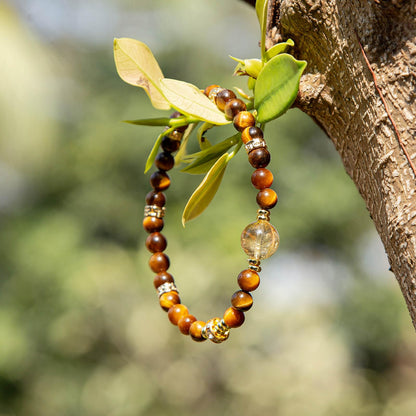 Magiriam Tiger Eye & Citrine Crystal Bead Bracelet for Women Men, Chakra Crystal Energy Bracelet with Gold Zircon Charms Protection & Confidence Lucky Amulet, Elastic Jewelry Gift for 6.3"-7.1" Wrist