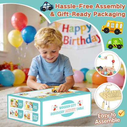 Wooden Montessori Activity Table for Toddlers, Baby Busy Table with Bead Maze, Shape Sorter, Cars & Road Signs, Traffic Learning Activity Center Sensory Toys for Birthday Gift Boys Girls 1+ Year Old