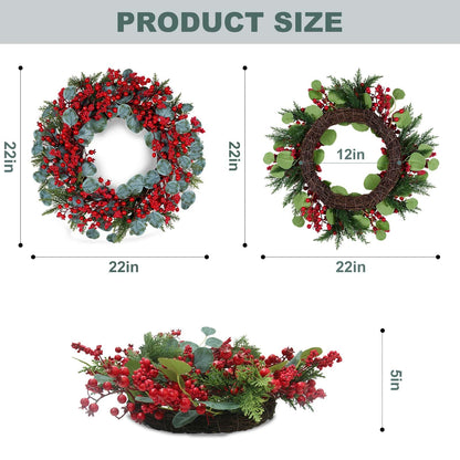 WSTPUPU Artificial Christmas Wreath 22inch Christmas Wreaths for Front Door Xmas Red Berry Wreath with Eucalyptus Leaves Pine Needles Red Berries for Wall Farmhouse Window Winter Holidays
