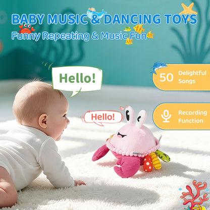 Baby Toys 6-12-18 Months, Pink Crawling Crab Tummy Time Toy, Rechargeable Musical Plush Toy with 50 Songs & Voice Recorder, Dancing Bouncing Interactive Baby Girl Sensory Toddler Toys 1 Year Old Gift