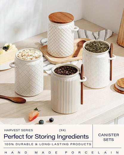 getstar Small Canisters Sets for the Kitchen, 20 oz Sugar Coffee Tea Storage Containers, Ceramic Kitchen Canisters for Countertop Set of 4 with Airtight Lids and Teaspoons