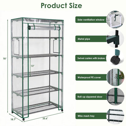 5 Tier Indoor Greenhouse with Grow Lights & Wheels & 2 Ventilation Windows , 36"x19"x70" Portable Green House Cabinet Kit with 5 Shelves Transparent PE Cover