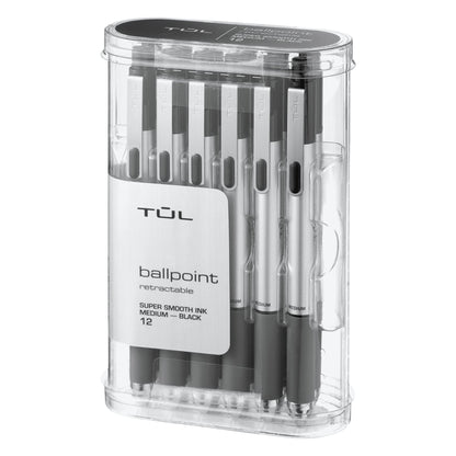 TUL® BP3 Retractable Ballpoint Pens, Medium Point, 1.0 mm, Silver Barrel, Black Ink, Pack Of 12 Pens