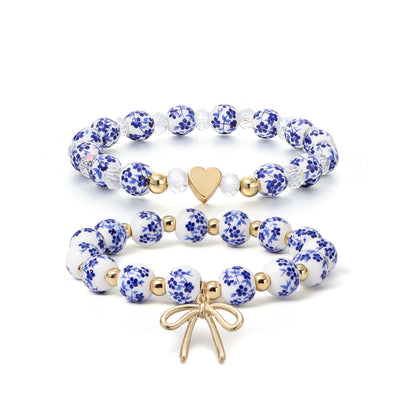 Dainty Bow Charm Beads Bracelet for Women Blue And White Vintage Ceramics Flower Bracelet Handmade Stretch Cute Beaded Romantic stackable Jewelry Gifts