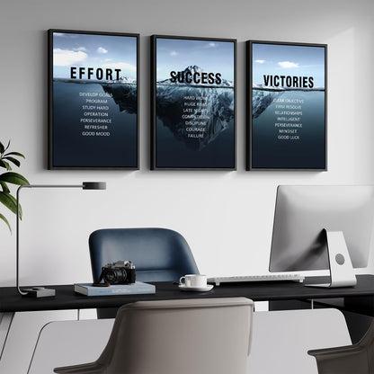 Framed Motivational Wall Art for Office Decor, Set of 3 Inspirational Modern Iceberg Canvas Wall Art Prints, Navy Blue Effort Success Victory Quotes for Home Office Gym Wall Decor, 16x24