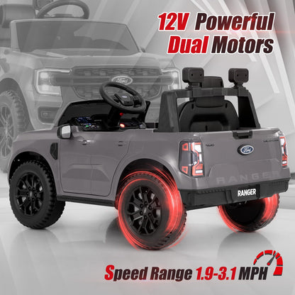 Licensed Ford Ranger Ride on Car for Kids by OLAKIDS, 12V Electric Vehicle Truck with Remote Control, Toddlers Battery Powered Toy with 2 Speeds Wheels Suspension Storage Space Bluetooth USB (Gray)