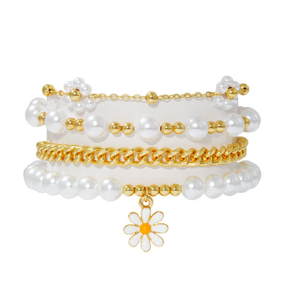 RISHEGAE White Daisy Bracelets for Women Stackable Gold Beads Bracelet Friendship Boho Summer Beach Heart Bracelets Stretch Heishi Beaded Jewelry Set
