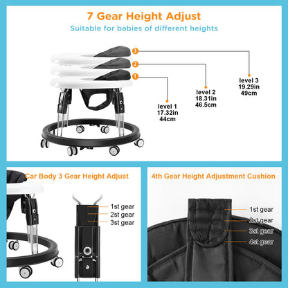 Wnttmt Baby Walker with Wheels, One-Touch Folding Baby Walkers with Height Adjustment, Large Dinner Plate and Brake, Walker for Baby Boy Girls 6-18 Months, Black
