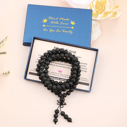 AD Beads 8mm 108 Prayer Mala Black Lava Elastic Bracelet - Warmth Generator - Handmade Yoga Meditation Healing Power Energy Gifts for Unisex Adult.