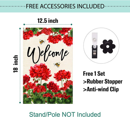 Baccessor Spring Summer Geranium Welcome Garden Flag Double Sided Summer Bee Red Floral Small Burlap Yard Flag House Seasonal Farmhouse Outside Outdoor Decoration 12.5 x 18 Inch
