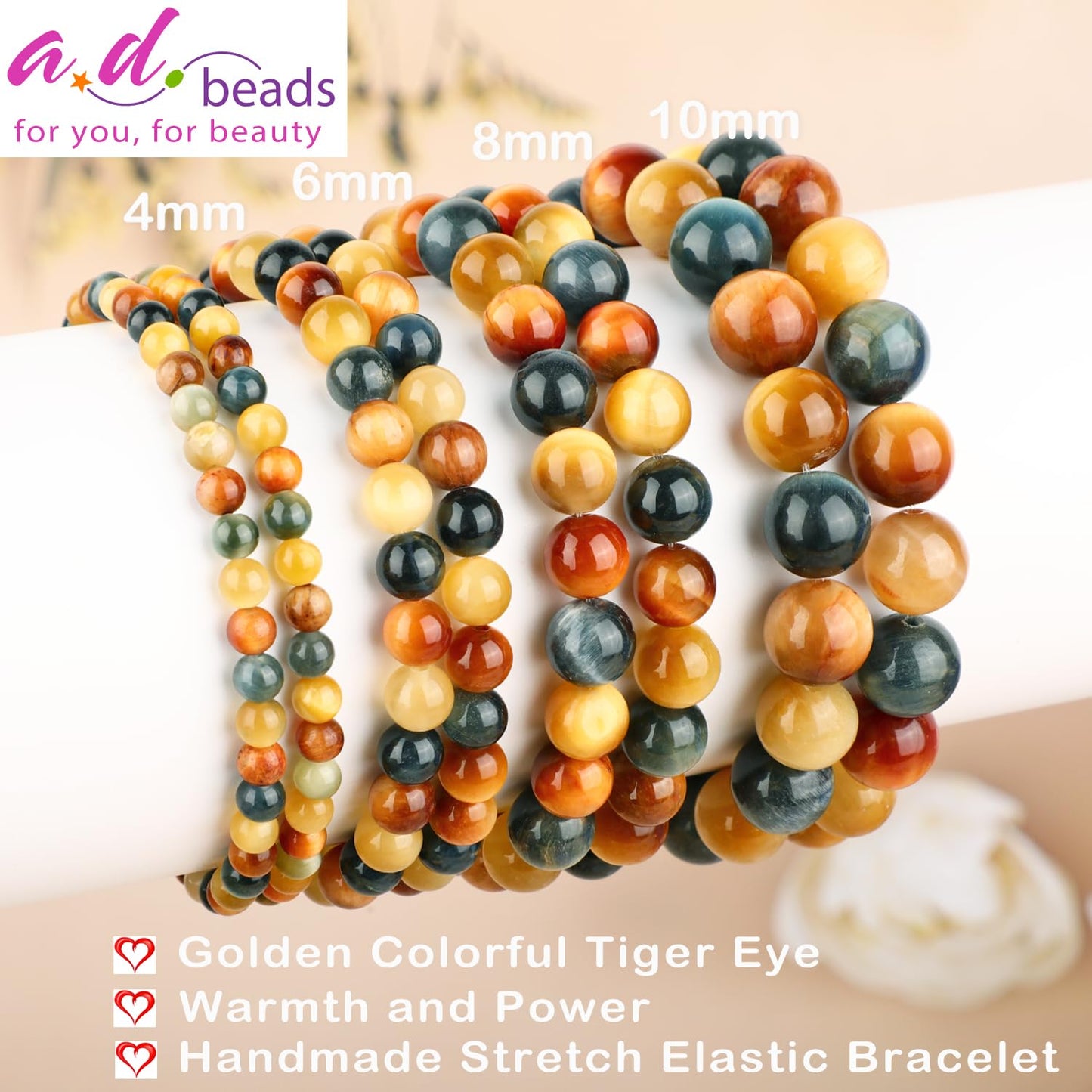 AD Beads 6mm Handmade Golden Colorful Tiger Eye Elastic Bracelet – Natural Gemstone for Warmth and power – Meditation, Yoga, Healing and Energy Gift for Men Women