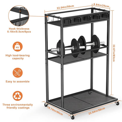 Multifunctional Mobile Cleaning Station, Rolling Cleaning Cart and Cleaning Tool Station with 5 Mop Grippers, 6 Hooks for Laundry Room, Kitchen, Garage, Garden and Pool Area Cleaning Storage