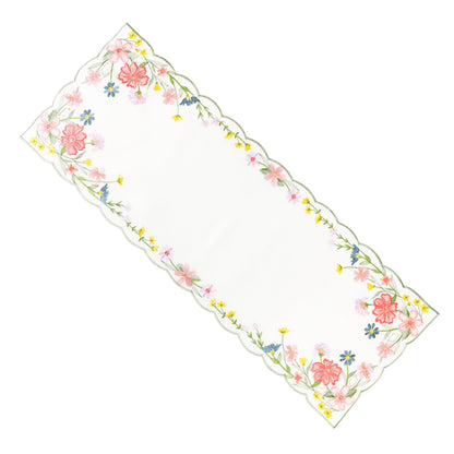 Chlophy Spring Table Runner Embroidered Wildflower Scalloped Small Floral Table Runner Farmhouse Short Flower Runner for Coffee Table Dining Decoration 36 inch Beige