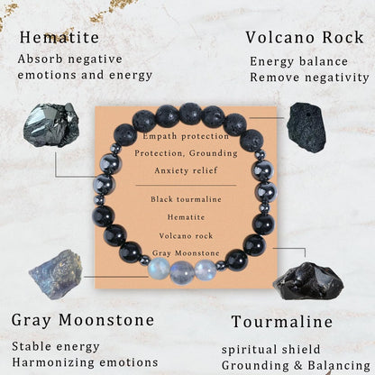 DLYFNVEV Empath Triple Protection Bracelet Black Tourmaline Hematite Moonstone Anxiety Relief Grounding Lava Rock Healing Crystal Black Beaded Balance Energy Jewelry Gifts