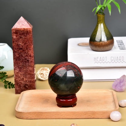 JIC Gem African Bloodstone Crystal Ball Natural Quartz Crystal Sphere Stone Ball with Wooden Base (70-80mm)