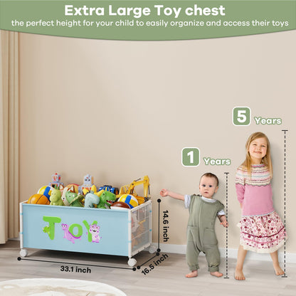 AIJIAMEIER Large Toy Box with Wheels, 120L Toy Boxes for Extra Large Metal & Oxford Cloth Toy Chest Toy Organizer with Wooden Handle for Bedroom, Living Room Area, Stuffed Toys, Clothes(Blue, 1PC)