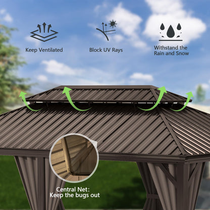 Domi 14x24FT Outdoor Gazebo, Hardtop Gazebo with Galvanized Steel Double Roof, Metal Gazebos with Drainage System Patio Pergola for Patio Deck Backyard,Curtain and Netting,Brown