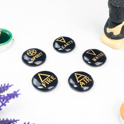 Crocon 5 Elements Black Tourmaline Stones Round Shape Engraved Triangle Symbols (Earth Air Fire Water Spirit) Polished Palm Stones Gemstone Reiki Crystals Healing Stones Meditation Divination Gifts
