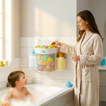Austion Hanging Bath Toy Storage - Large Opening Quick Dry Mesh Bath Toy Holder with 2 Side Pockets and Bottom Zipper, Space-Saving Bath Toy Organizer for Kids Bathtubs - White