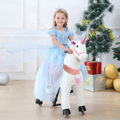 PONYEEHAW Ride on Unicorn Toys, Kids Riding Unicorn Toys Ride on Toys for 6-14 Years Old, Premium Plush Animals Toys Walking Unicorn with Wheels (White and Pink, 31.5" L x 13" W x 36.2" H)