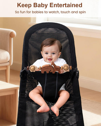 TinlyFinly Baby Bouncer Toy Bar Wooden Compatible with Baby Bjorn, Bouncer Toy Attachment Tight and Secure Fit, So Fun to Watch, Touch and Spin for Babies All Ages - Animals