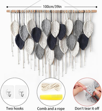 Weldomcor Macrame Wall Hanging Leaf Woven Tapestry Bohemian Chic Wall Hanging Feather Large Handmade Wall Art Decor for Bedroom Living Room Apartment Ornament, 39 inch