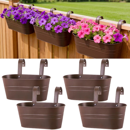 Hicarer 4 Pcs Metal Hanging Flower Pots for Railing Fence, 10.6 Inch Hanging Rail Planters for Outdoor Window Balcony Plants Holder with Hooks for Garden Yard Home Decor (Chocolate)