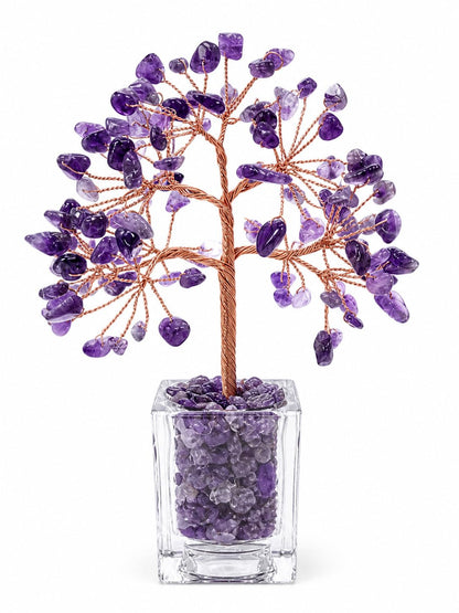RJVZUKL Natural Amethyst Crystal Tree of Life, Purple Money Tree with Clear Acrylic Base, Handmade Copper Wire Bonsai, Feng Shui Desk Decor, Good Luck Gifts for Women Mom Sister