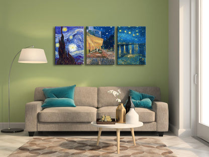 Wieco Art 3 Panels Canvas Prints of Vincent Van Gogh Paintings Reproduction Starry Night Over the Rhone Cafe Terrace at Night Canvas Wall Art for Living Room Home Office Decor
