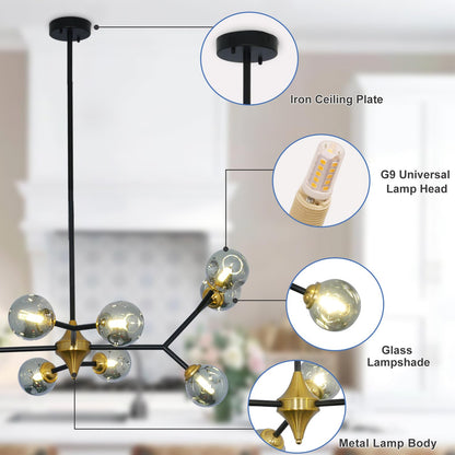 Depuley Glass Globe Sputnik Chandelier: 10-Light Modern Matte Black and Gold Ceiling Light Fixture - Vintage Hanging Chandeliers for Living Room Kitchen Dining Room Bedroom (Included G9 Bulbs)