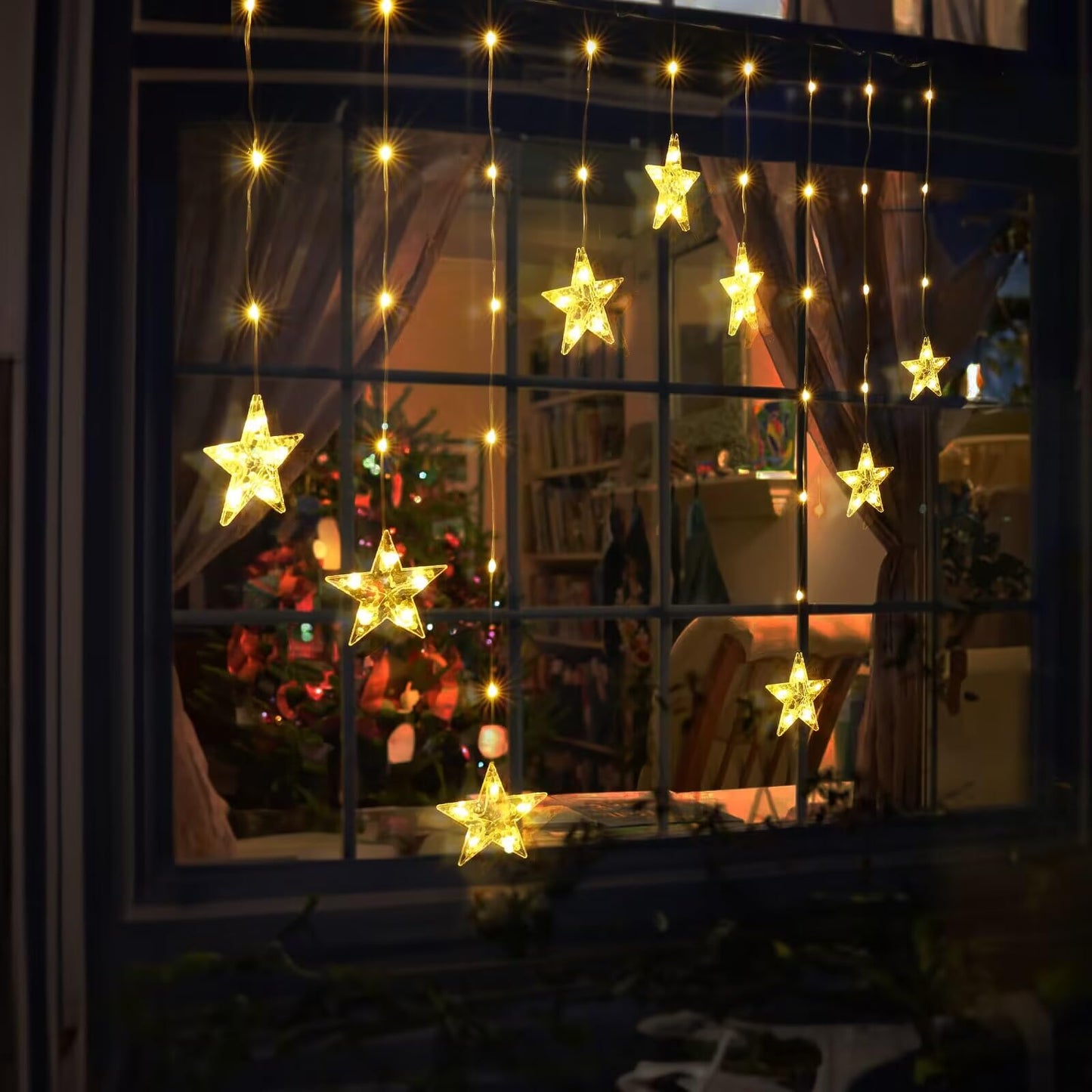 Quntis Star Christmas Window Lights, 76 LEDs 9 Stars Curtain Lights Battery Operated with Timer, 8 Mode Xmas Hanging Window Decorations Lights Indoor Backdrop for Bedroom Wall, Warm White