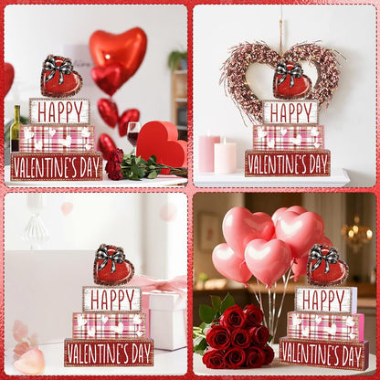 DIYDEC 4Pcs Valentine's Day Table Decoration Valentine Heart Wooden Block Signs Rustic Valentines Tiered Tray Decor Happy Valentine's Day Centerpiece Sign for Farmhouse Holiday Tabletop Party Decor