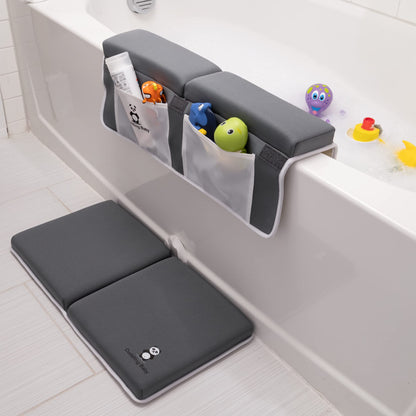 Cuddling Baby Bath Kneeler and Elbow Rest Pad Set - 2PC Premium Baby Bath Mat Set - Non-Slip Kneeling Pad with Storage Pockets - Machine Washable, Durable Foam Pad Bundle - Gray