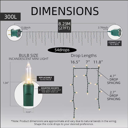 LAMPHOME 27 FT 300 Clear Icicle Lights - Green Wire, Indoor/Outdoor Christmas Light