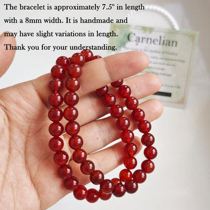 Handmade Natural Gemstone Elastic Bracelet - Healing Crystal Beads Jewelry, Unisex (Carnelian, 8mm)