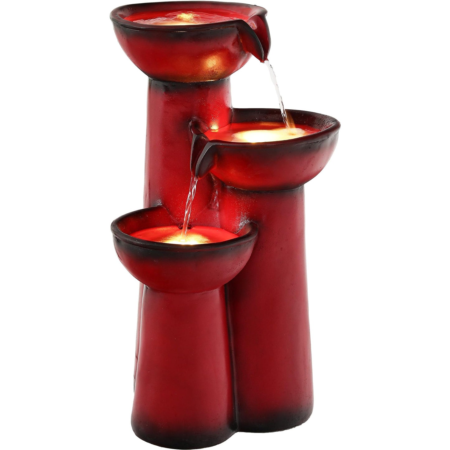 Ultym 27" Outdoor Water Fountain with LED Lights, 3-Tier Cascading Faux Ceramic Column Water Feature with Pump for Garden Patio Backyard, Weather-Resistant Resin Waterfall for Serene Oasis, Red